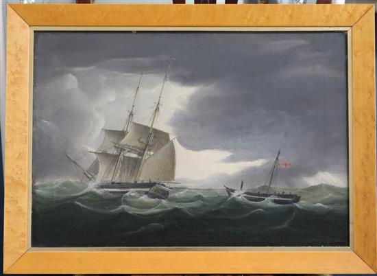 Thomas Wright (19th C.) Sailing ship taking a stricken ship under tow 14 x 20in.